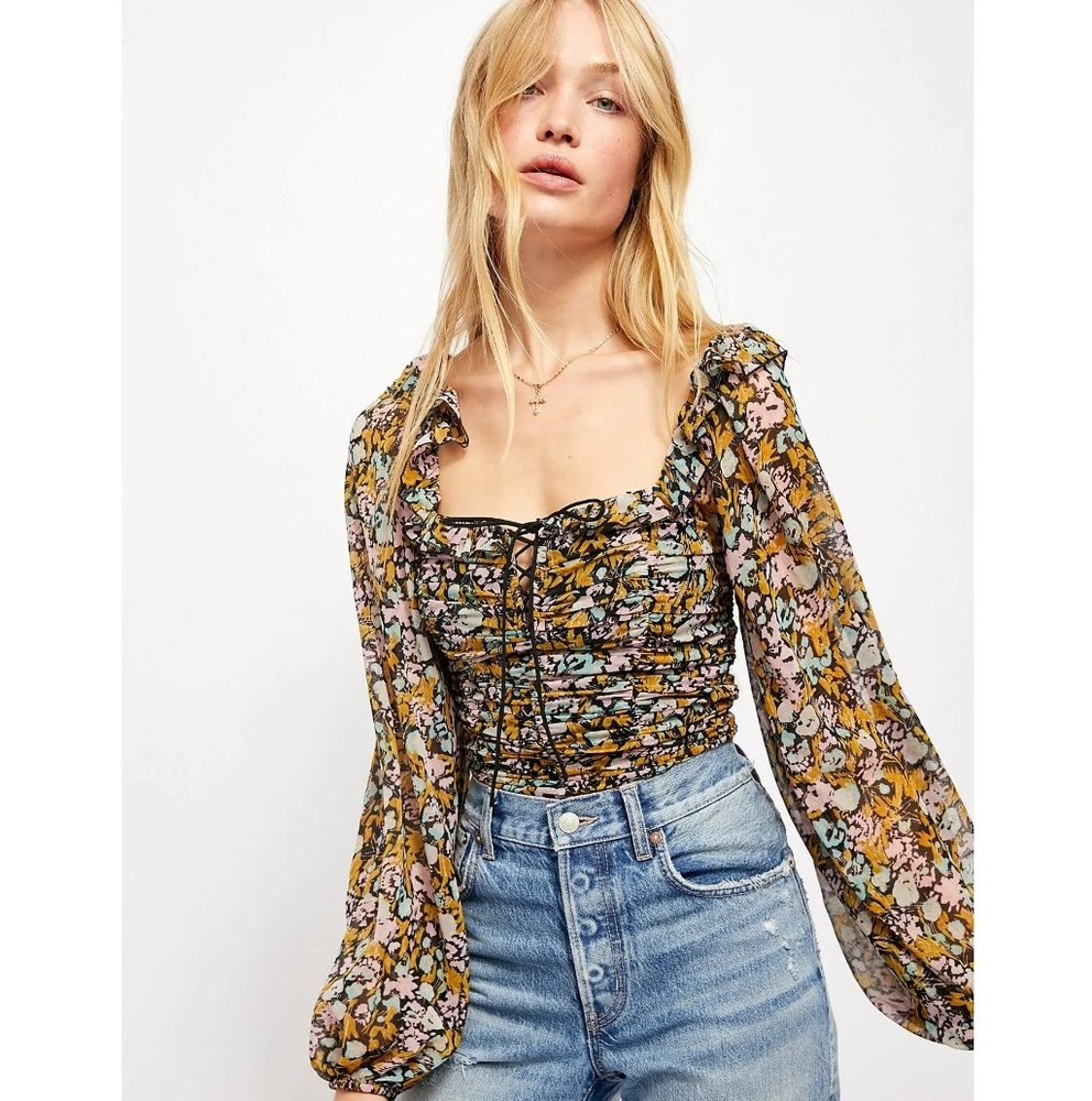 Free People - Mabel Floral Ruched Bodice long sleeve blouse